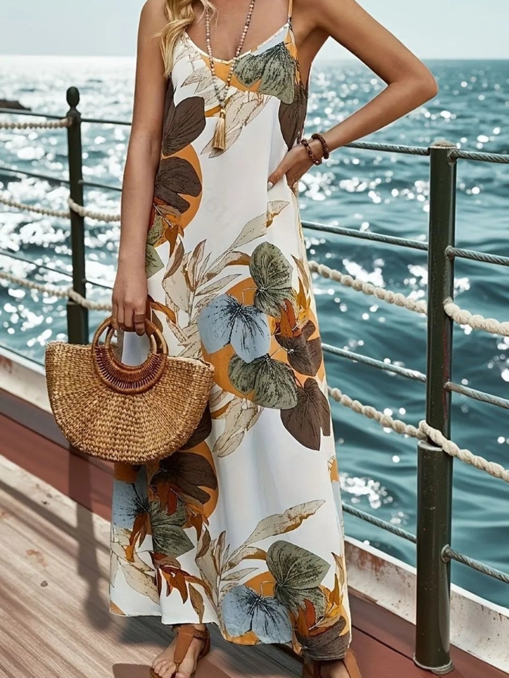 White Maxi Dress with Mustard, Olive & Brown Floral Print - Picture 2 of 4